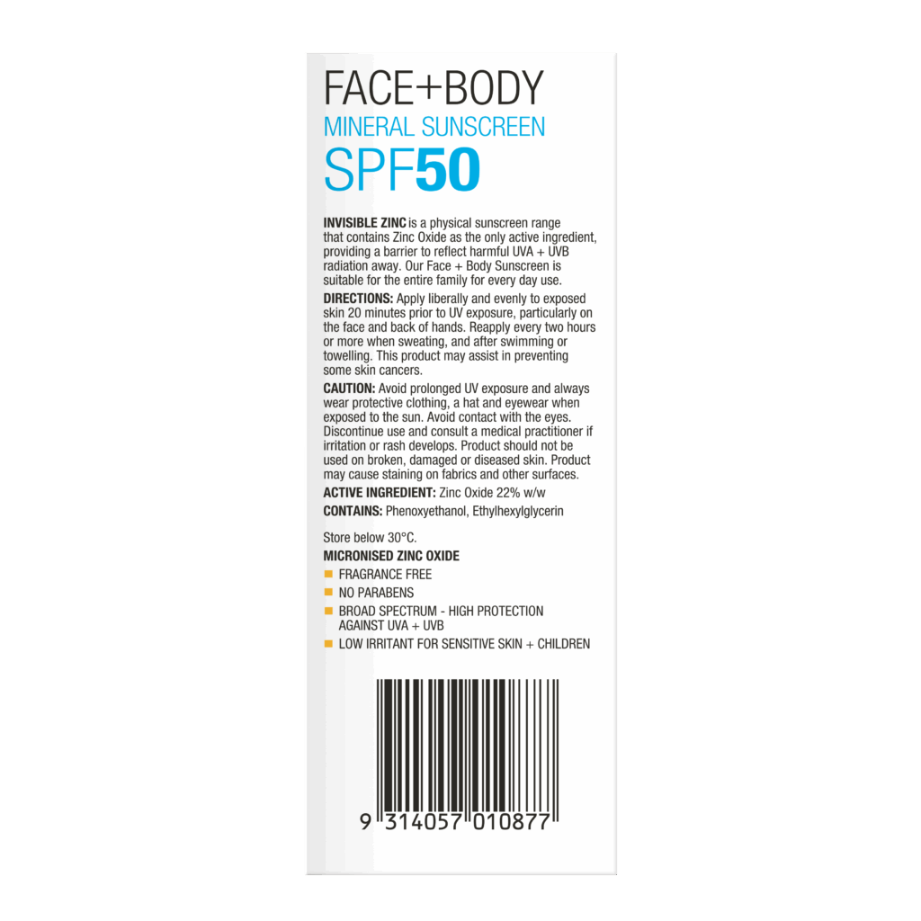 INVISIBLE ZINC FACE + BODY Mineral Sunscreen SPF 50 75g